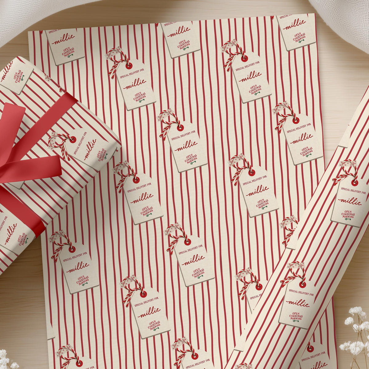 Personalised Christmas Wrapping Paper, Red Stripe, Name Gift Tag Christmas Gift Wrap