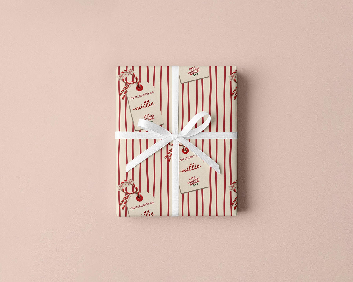 Personalised Christmas Wrapping Paper, Red Stripe, Name Gift Tag Christmas Gift Wrap