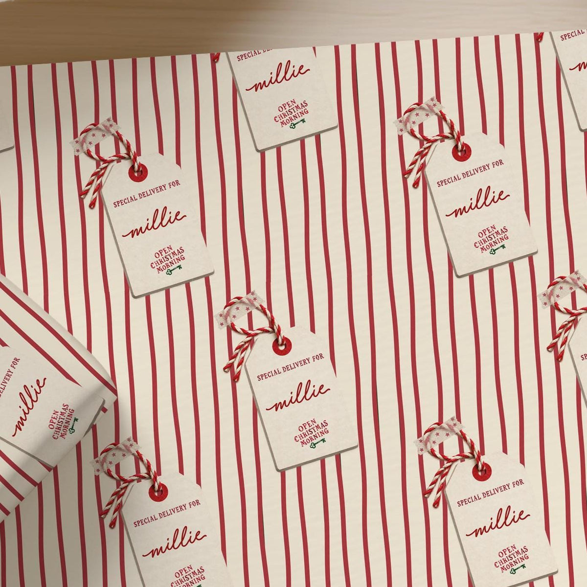 Personalised Christmas Wrapping Paper, Red Stripe, Name Gift Tag Christmas Gift Wrap